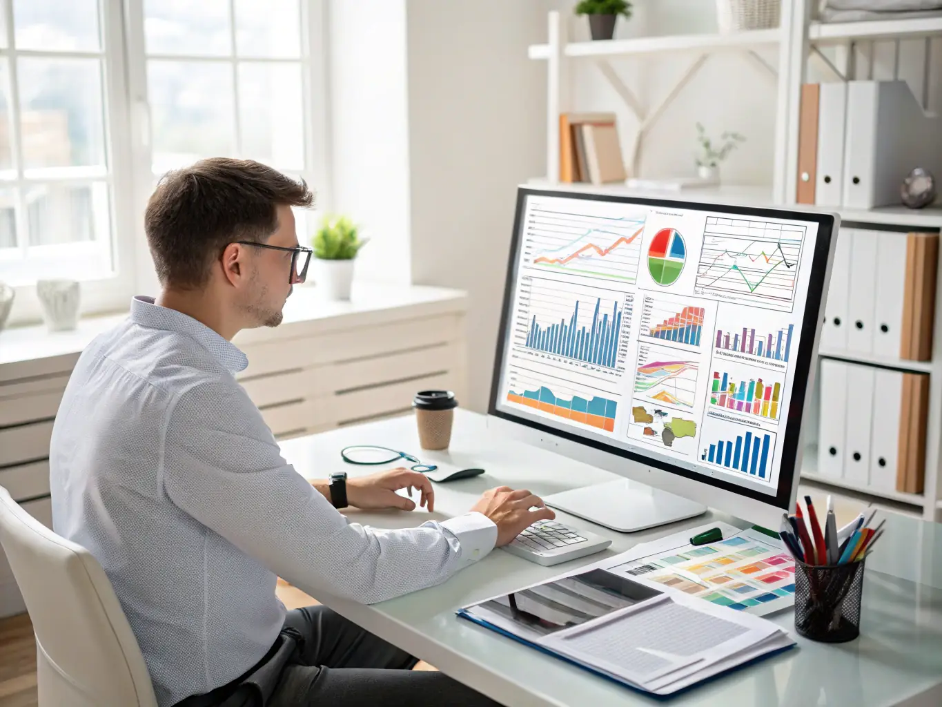 A professional data analyst is shown examining a complex dashboard with various charts and graphs, highlighting key performance indicators and trends. The setting is a modern office environment, emphasizing the use of technology in data analysis.
