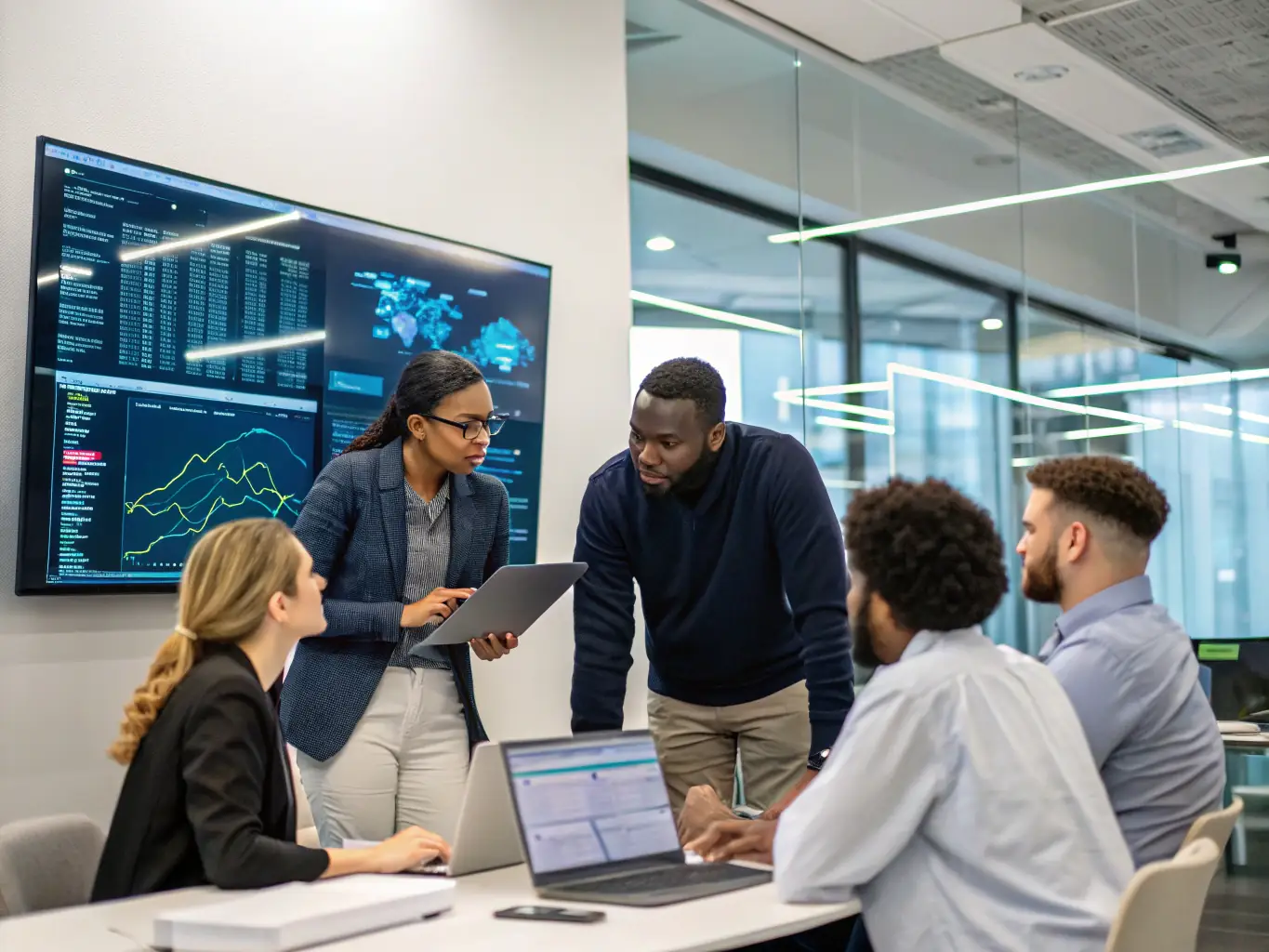 A team of data scientists is collaborating on a project, using machine learning algorithms to analyze large datasets and extract valuable insights. The image conveys a sense of innovation and teamwork in the field of data analytics.